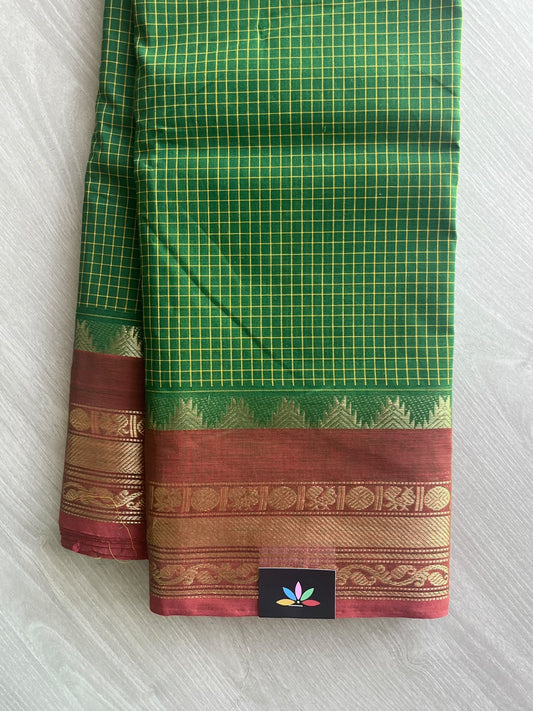 Tree Green Checked Chettinad Cotton Saree - 37427