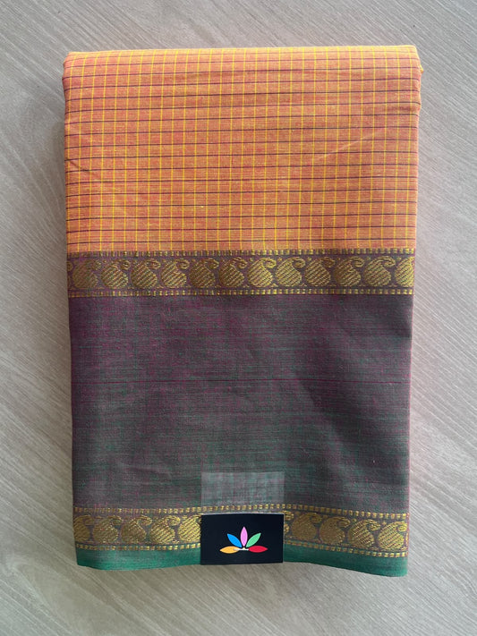 Pale Orange Checked Chettinad Cotton Saree - 37428
