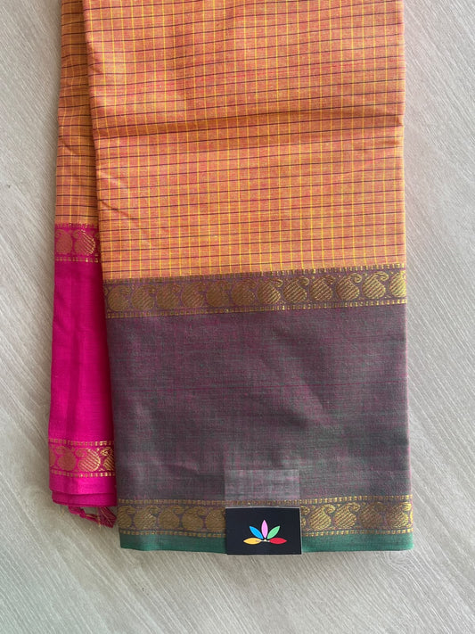 Pale Orange Checked Chettinad Cotton Saree - 37428