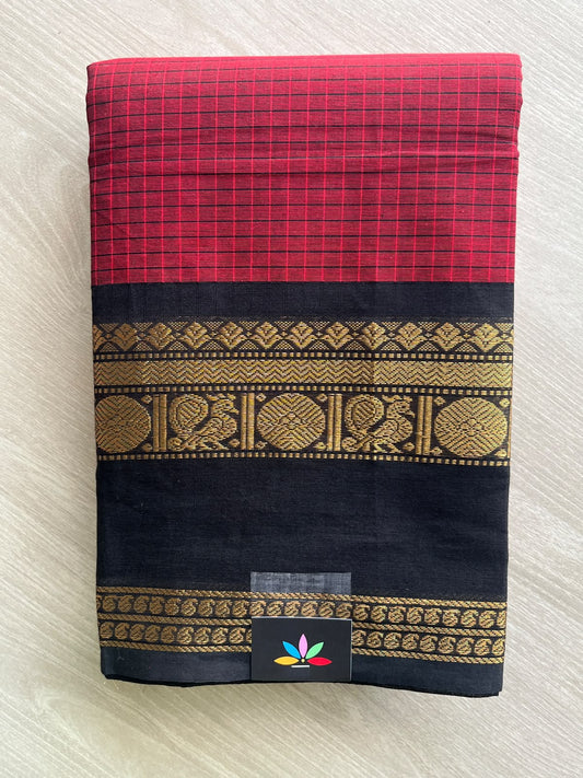 Cardinal Red Checked Chettinad Cotton Saree - 37431