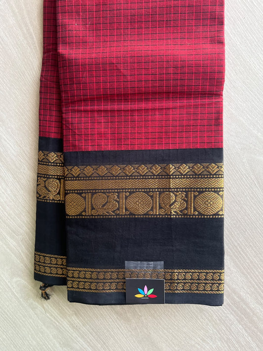 Cardinal Red Checked Chettinad Cotton Saree - 37431