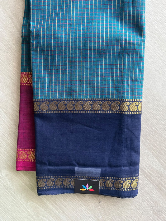 Cerulean Blue Checked Chettinad Cotton Saree - 37432