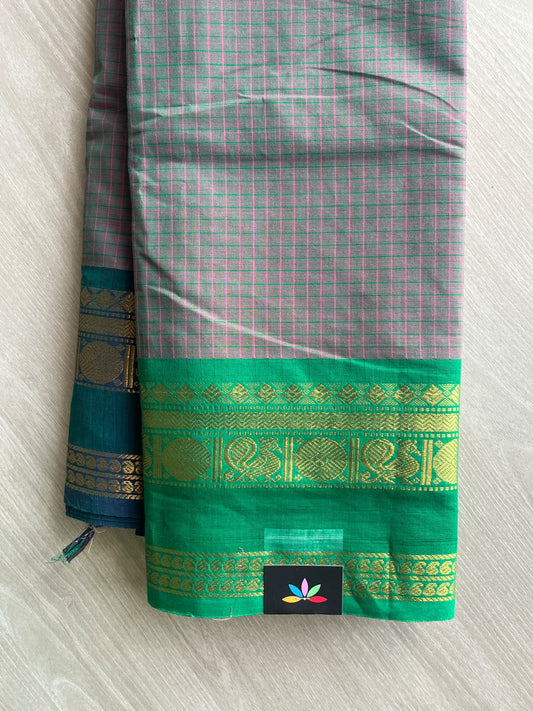 Dusk Green Checked Chettinad Cotton Saree - 37434