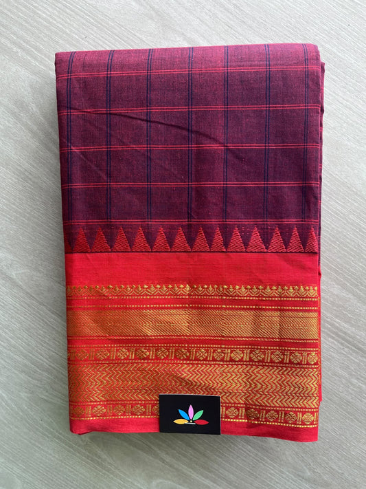 Wine Berry Shade Checked Chettinad Cotton Saree - 37435
