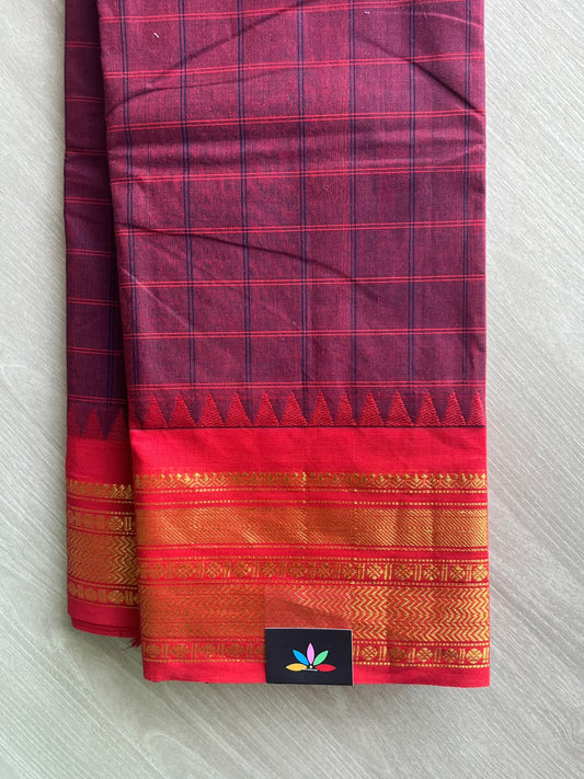 Wine Berry Shade Checked Chettinad Cotton Saree - 37435