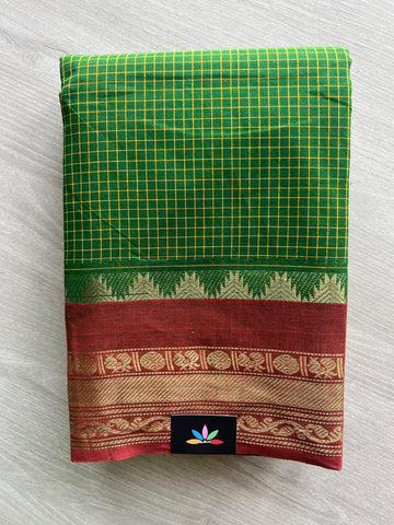 Emerald Green Checked Chettinad Cotton Saree - 37436