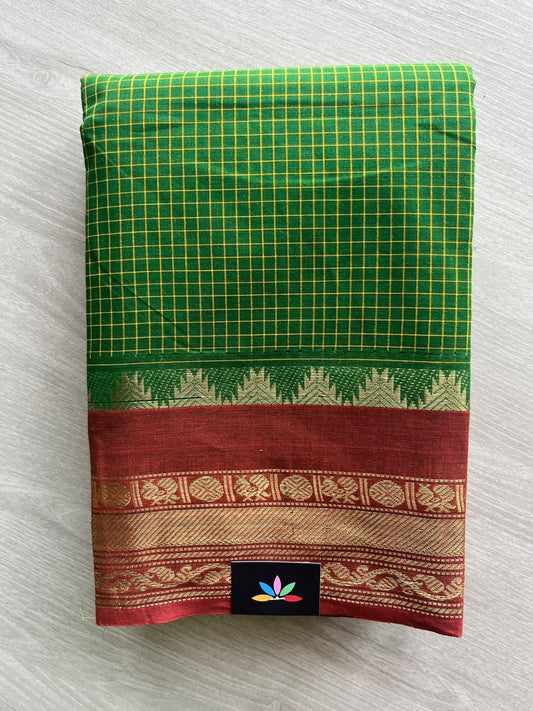 Emerald Green Checked Chettinad Cotton Saree - 37436
