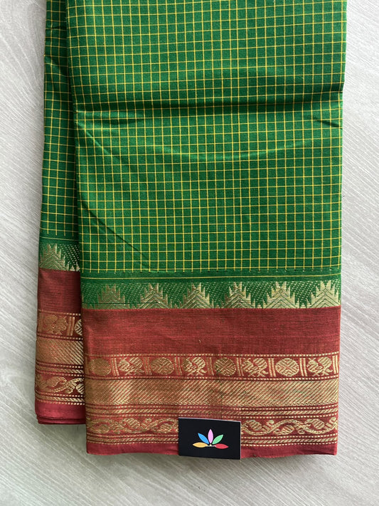 Emerald Green Checked Chettinad Cotton Saree - 37436