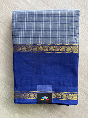 Ice Blue Checked Chettinad Cotton Saree - 37439