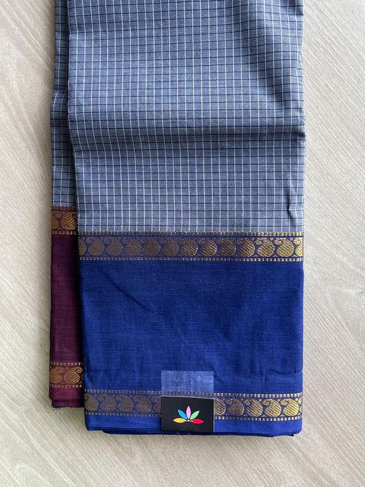 Ice Blue Checked Chettinad Cotton Saree - 37439