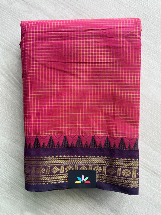 Ruby Red Checked Chettinad Cotton Saree - 37442