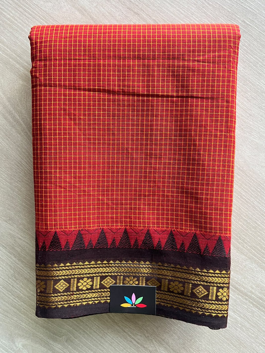 Rust Red Checked Chettinad Cotton Saree - 37444