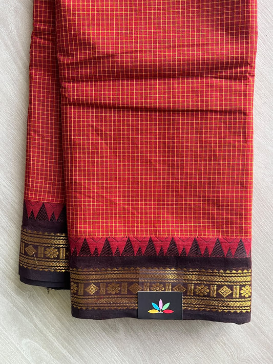 Rust Red Checked Chettinad Cotton Saree - 37444