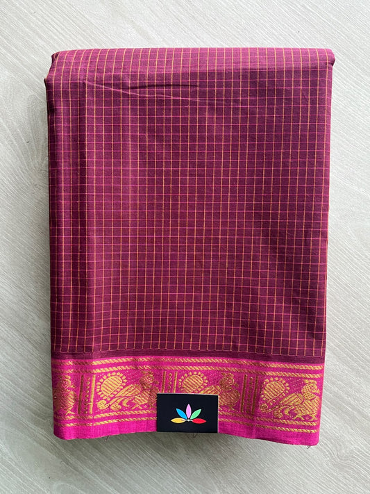 Deep Wine Shade Checked Chettinad Cotton Saree - 37447