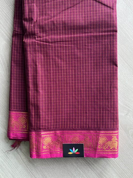 Deep Wine Shade Checked Chettinad Cotton Saree - 37447