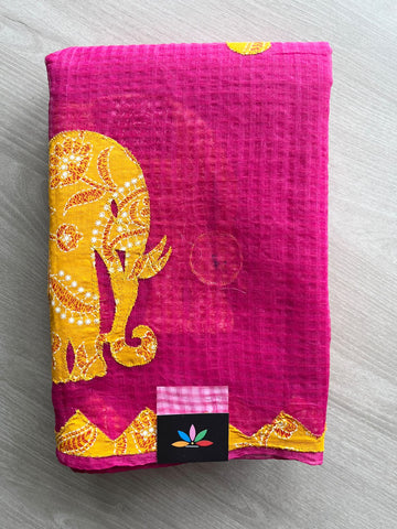 Bright Pink Appliqué work Kota Checks Saree (Without Blouse) - 37506-37507