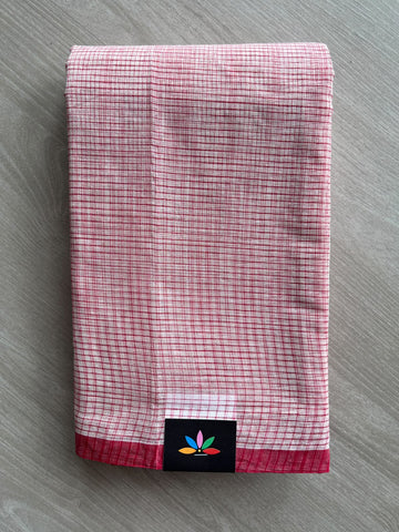Off-White & Red Small Checked Cotton Starched Saree (Without Blouse) - 37510