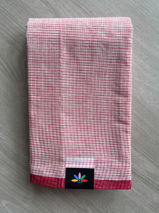 Off-White & Red Small Checked Cotton Starched Saree (Without Blouse) - 37510