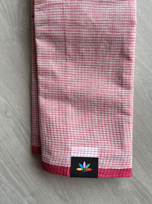 Off-White & Red Small Checked Cotton Starched Saree (Without Blouse) - 37510