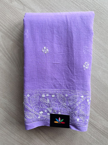 Dull Lavender Kantha Stitched Mul Cotton Saree (Without blouse) - 37512