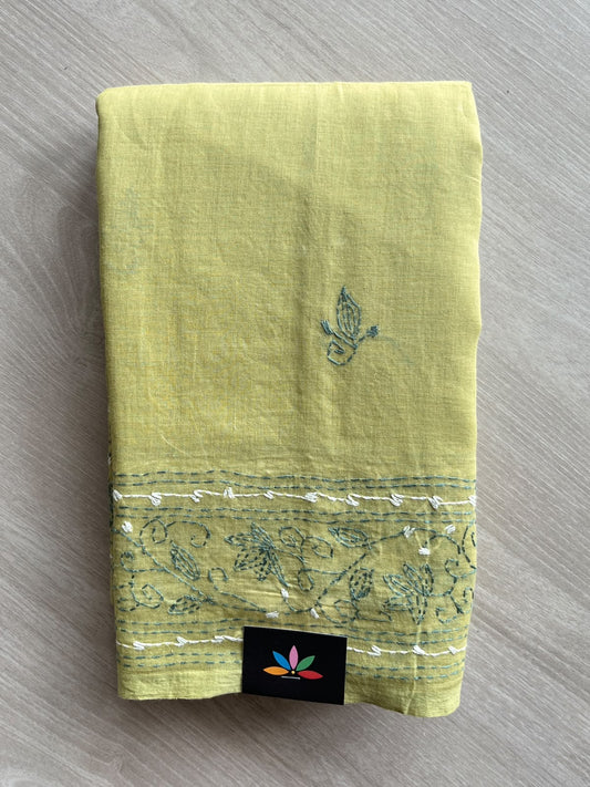 Pear Green Kantha Stitched Mul Cotton Saree (Without blouse) - 37513
