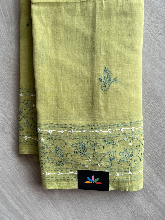 Pear Green Kantha Stitched Mul Cotton Saree (Without blouse) - 37513