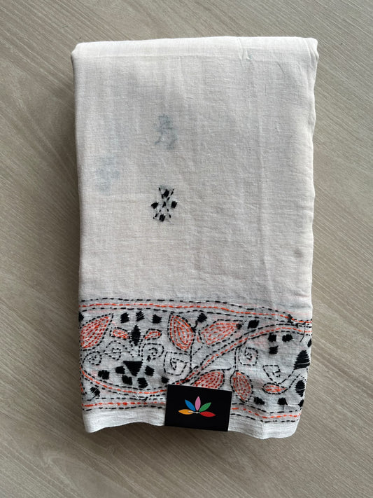 Off-White Kantha Stitched Mul Cotton Saree (Without blouse) - 37514