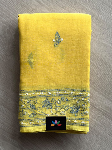 Golden Yellow Kantha Stitched Mul Cotton Saree (Without blouse) - 37515