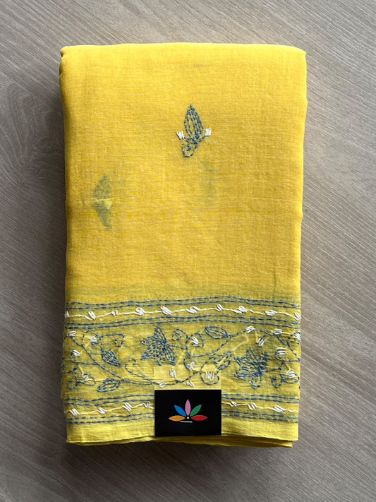 Golden Yellow Kantha Stitched Mul Cotton Saree (Without blouse) - 37515
