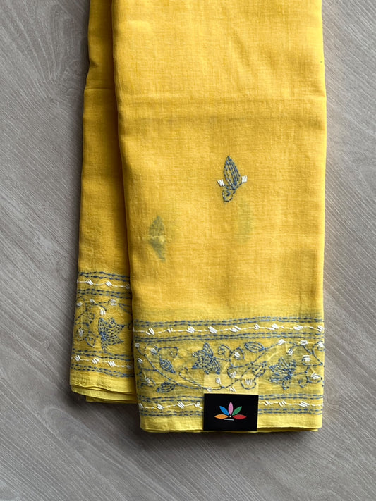 Golden Yellow Kantha Stitched Mul Cotton Saree (Without blouse) - 37515