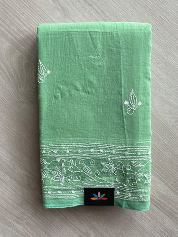 Sea Green Kantha Stitched Mul Cotton Saree (Without blouse) - 37516