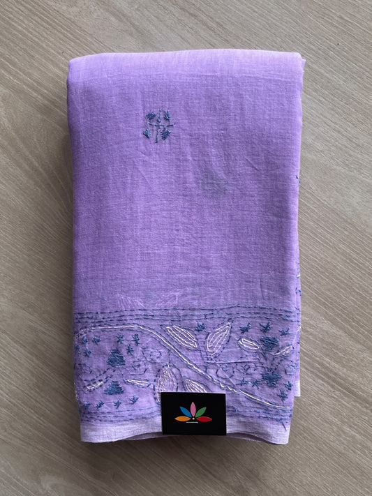 Amythest Purple Kantha Stitched Mul Cotton Saree (Without blouse) - 37517