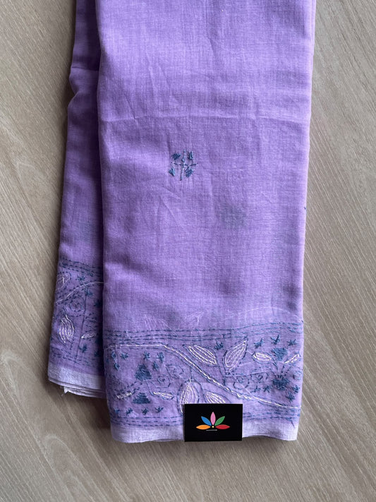 Amythest Purple Kantha Stitched Mul Cotton Saree (Without blouse) - 37517