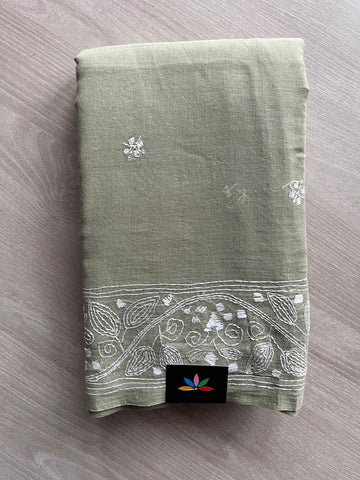 Sage Green Kantha Stitched Mul Cotton Saree (Without blouse) - 37518
