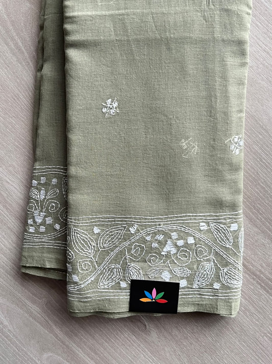 Sage Green Kantha Stitched Mul Cotton Saree (Without blouse) - 37518