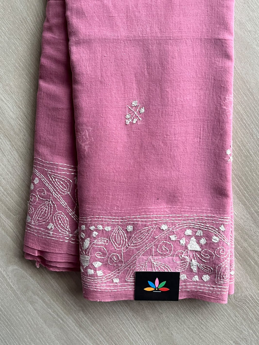 Carnival Pink Kantha Stitched Mul Cotton Saree (Without blouse) - 37519