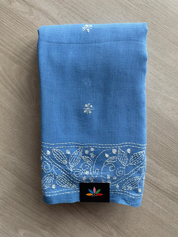 Steel Blue Kantha Stitched Mul Cotton Saree (Without blouse) - 37520