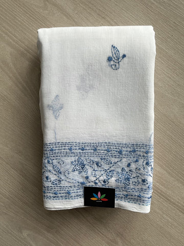 Off-White Kantha Stitched Mul Cotton Saree (Without blouse) - 37521