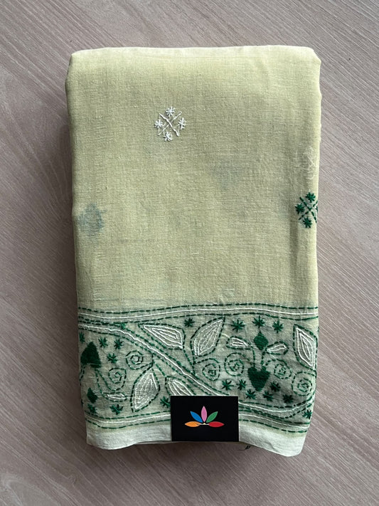 Sage Green Kantha Stitched Mul Cotton Saree (Without blouse) - 37522