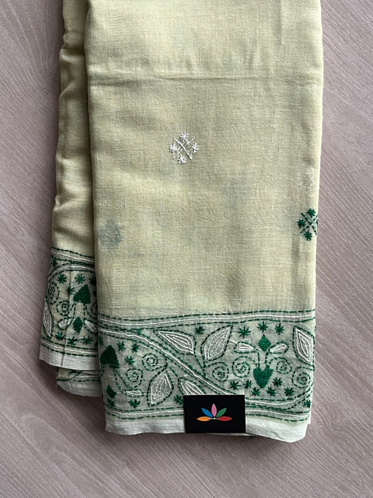 Sage Green Kantha Stitched Mul Cotton Saree (Without blouse) - 37522