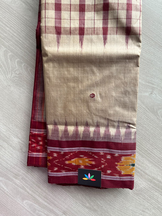 Parchment Beige Contrast Ikkat Border Tussar Silk Saree (Without blouse) - 37536