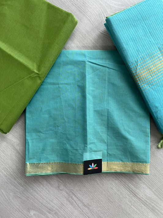 Matrix Blue & Pea Green Handloom Mangalagiri Cotton 3 Piece Suit Set - 37547