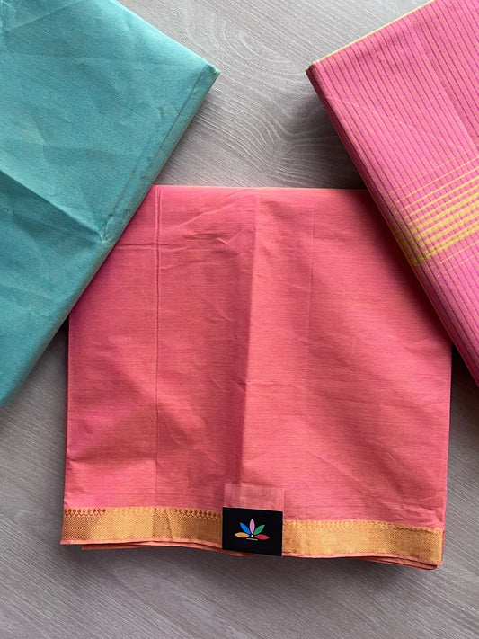 Flamingo Pink & Medium Turquoise Handloom Mangalagiri Cotton 3 Piece Suit Set - 37548