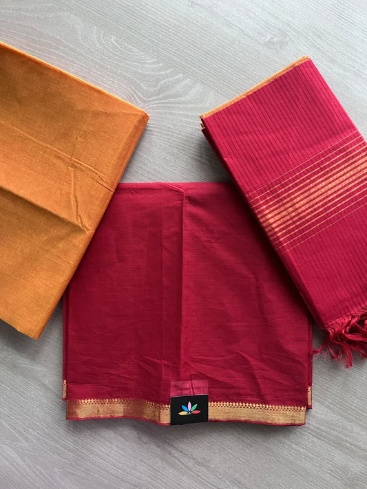 Cardinal Red & Rust Orange Handloom Mangalagiri Cotton 3 Piece Suit Set - 37549