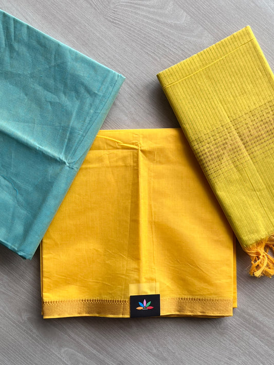 Medium Turquoise & Amber Yellow Handloom Mangalagiri Cotton 3 Piece Suit Set - 37550