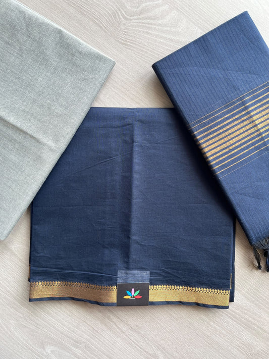 Midnight Blue & Slate Grey Handloom Mangalagiri Cotton 3 Piece Suit Set - 37551
