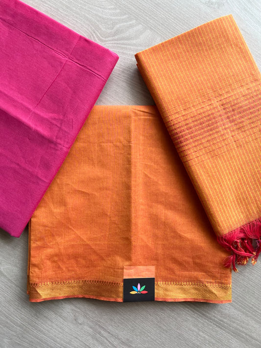 Bright Orange & Bright Pink Handloom Mangalagiri Cotton 3 Piece Suit Set - 37553