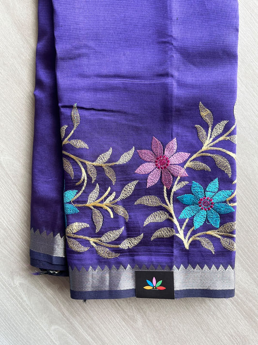 Persian Indigo Embroidered Handloom Mangalagiri Silk Cotton Saree - 37557