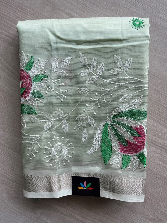 Matte Jade Green Embroidered Handloom Mangalagiri Silk Cotton Saree - 37559