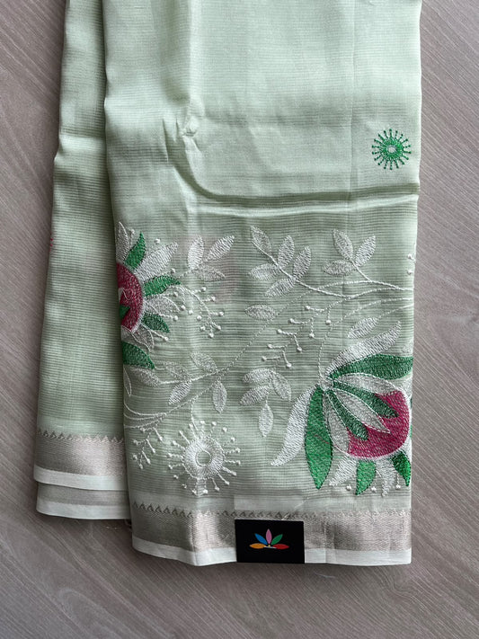 Matte Jade Green Embroidered Handloom Mangalagiri Silk Cotton Saree - 37559